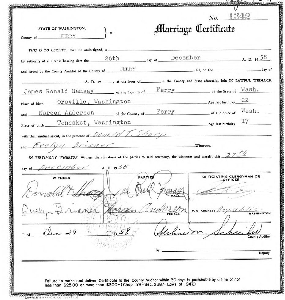 First page of James Ronald Ramsay & Noreen Anderson Marriage Certificate - Republic, WA - 1958