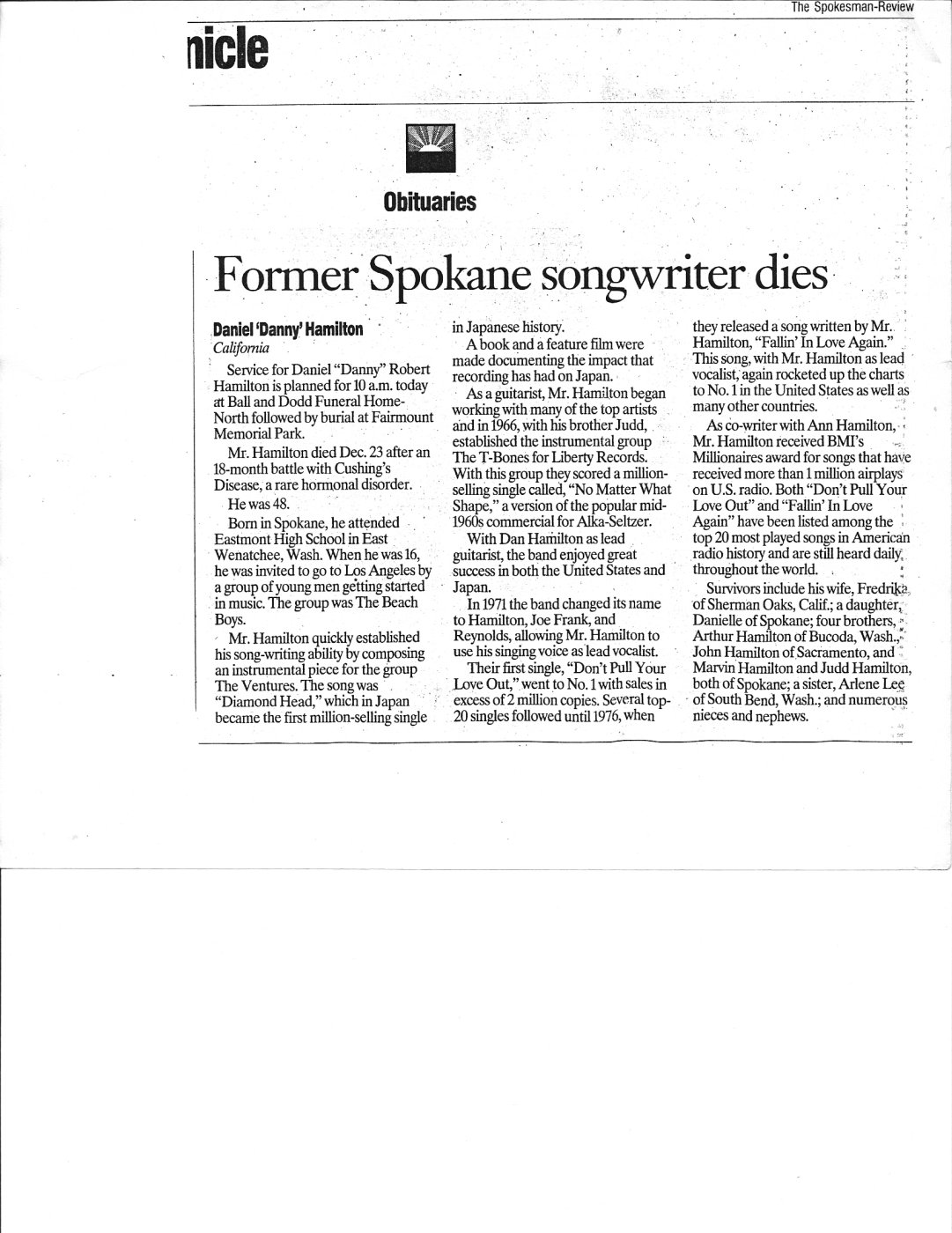First page of Daniel "Danny" Robert Hamilton - Obituary