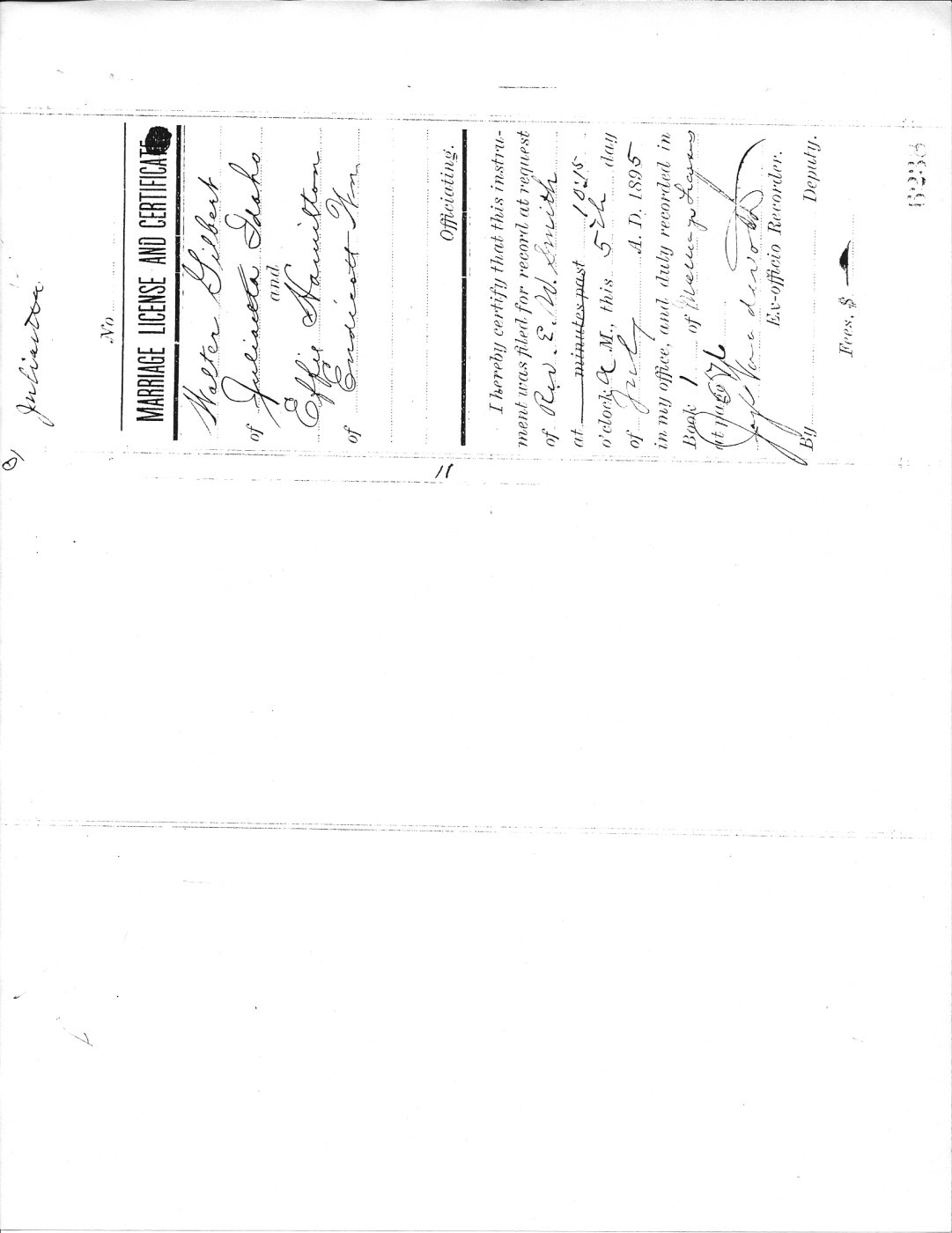 First page of Walter Gilbert and Effie (Hamilton) Gilbert Marriage Records
