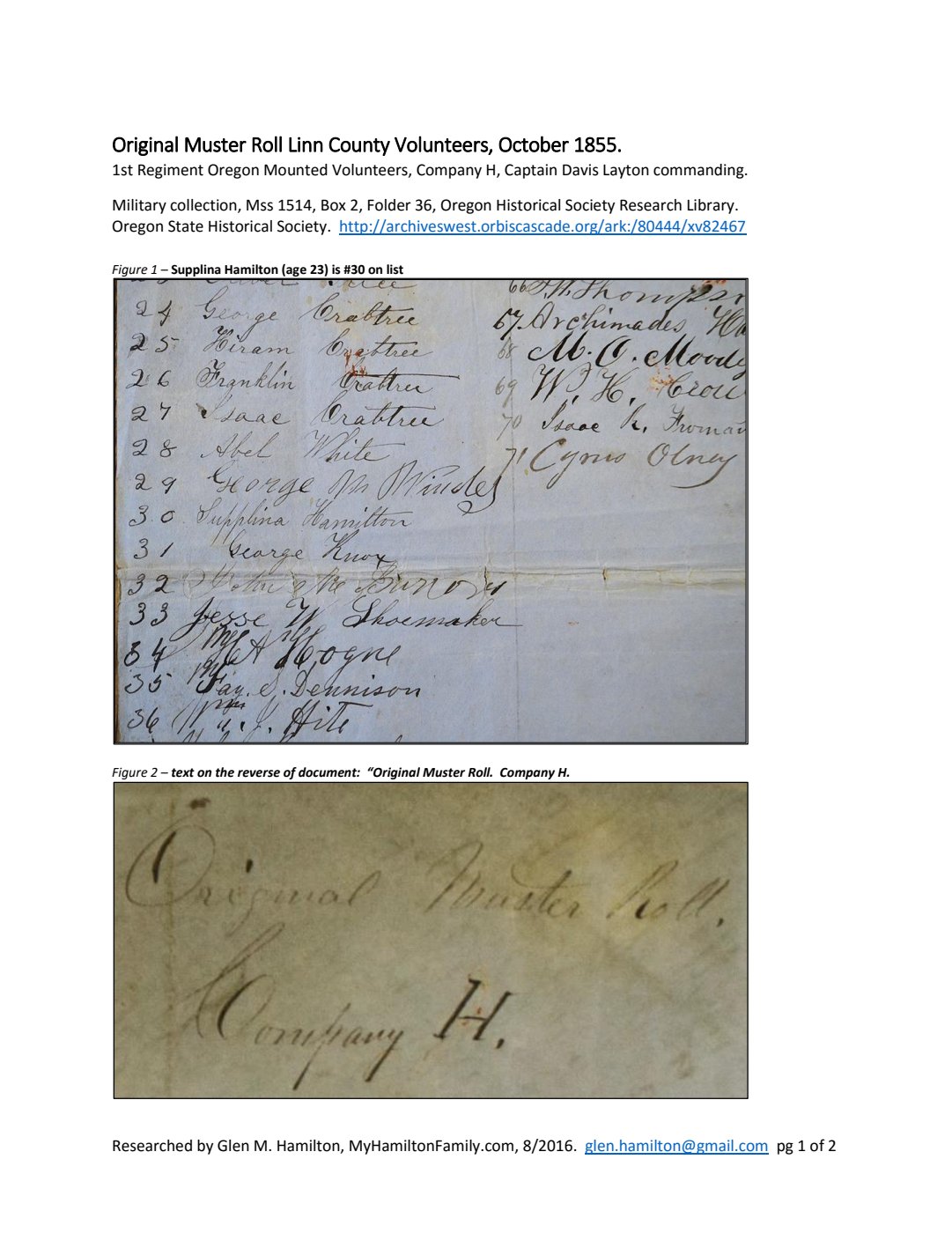 First page of Muster Roll Linn County Volunteers Oct. 1855