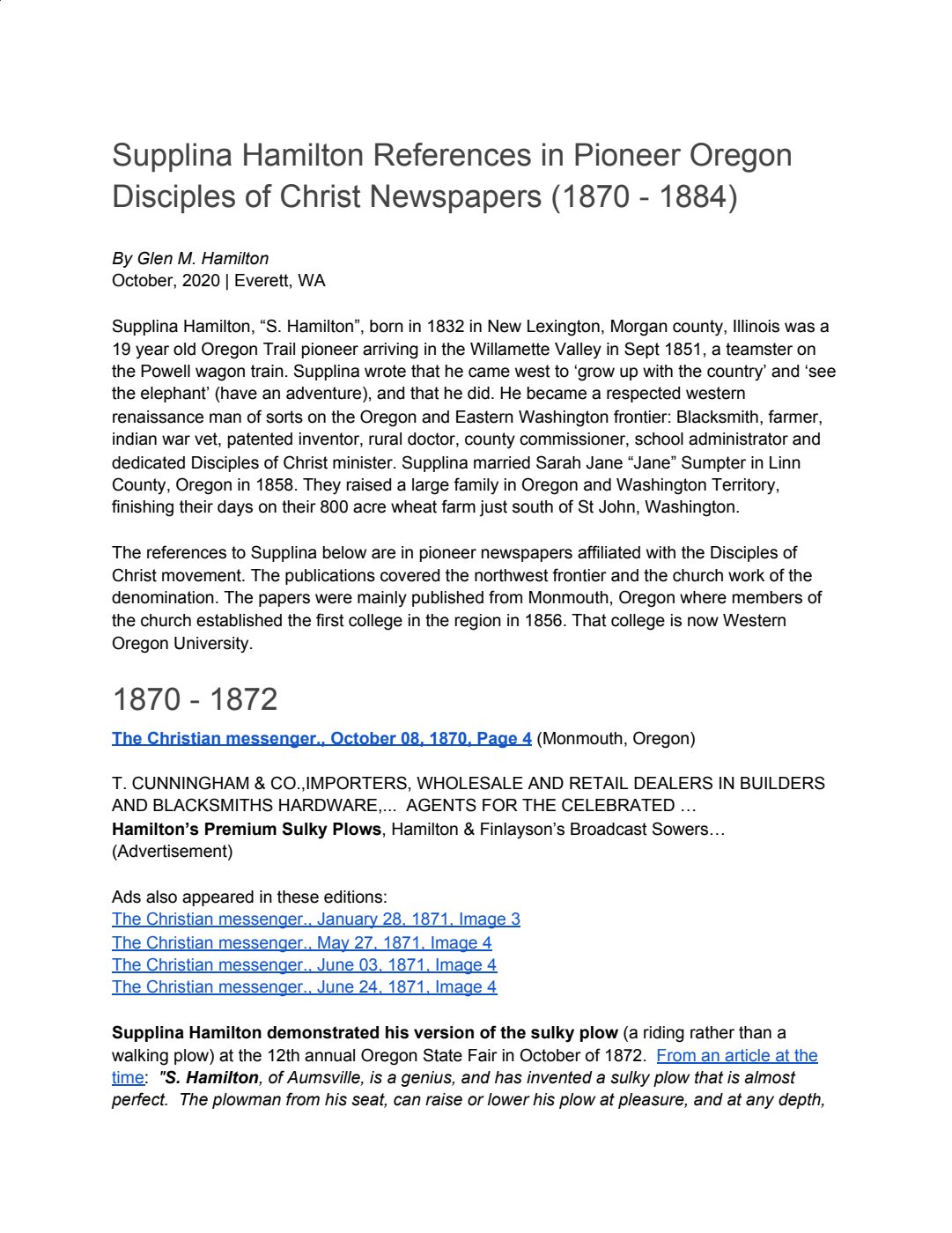 First page of Supplina Hamilton References in Pioneer Oregon Disciples of Christ Newspapers