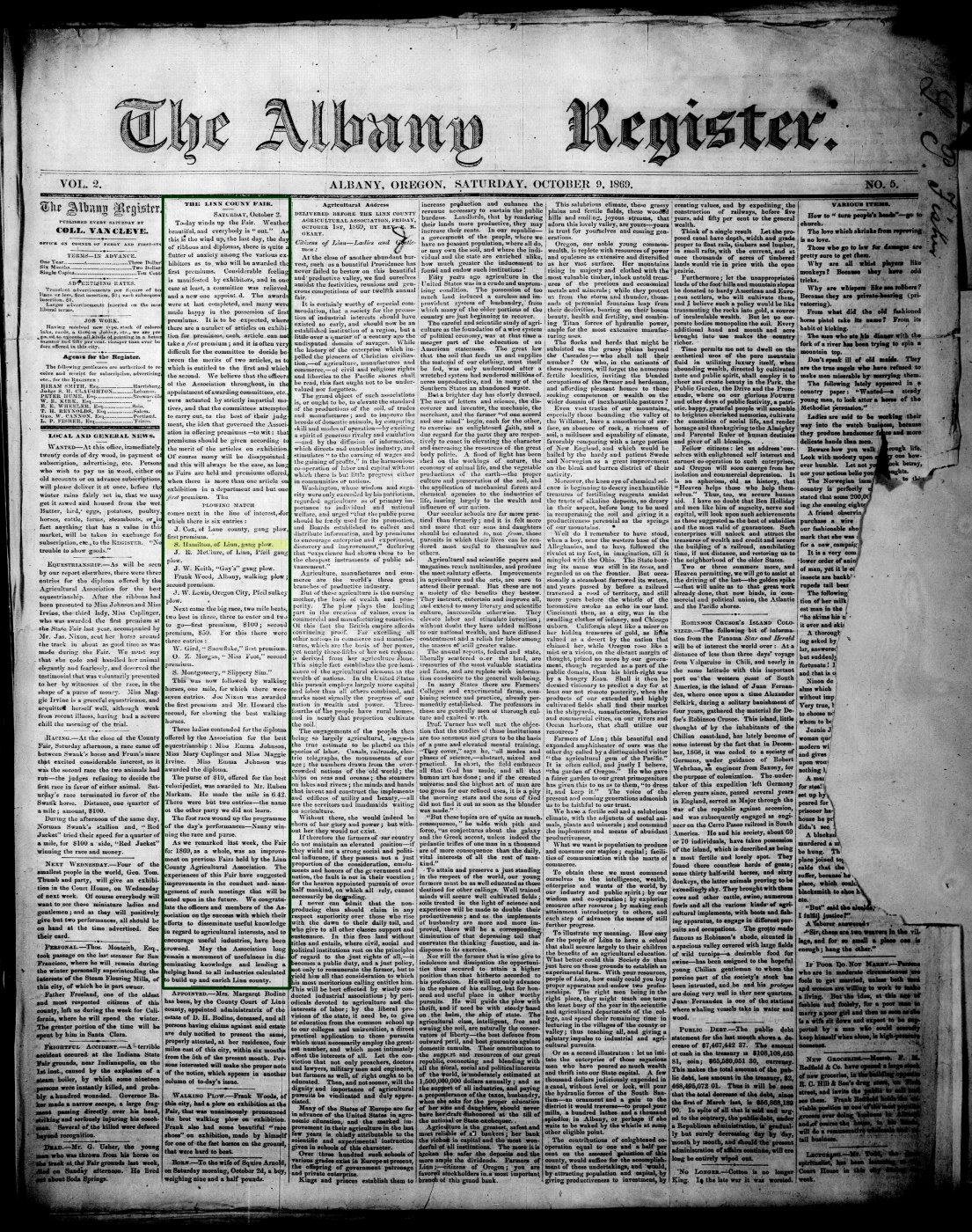First page of Supplina Hamilton - Gang Plow Competition - Linn County Fair - Oct. 1869