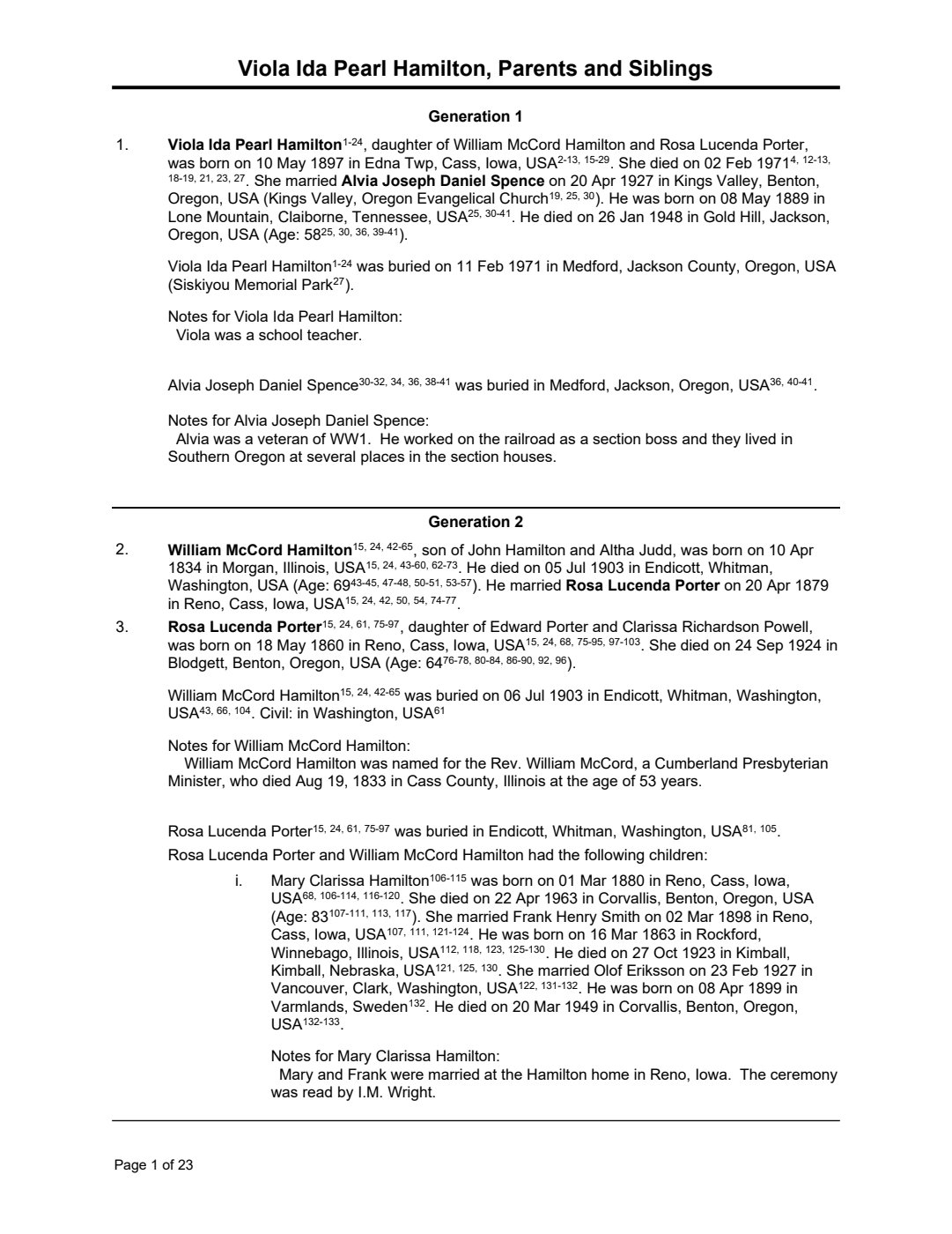 First page of Viola Ida Pearl Hamilton - Parents and Siblings