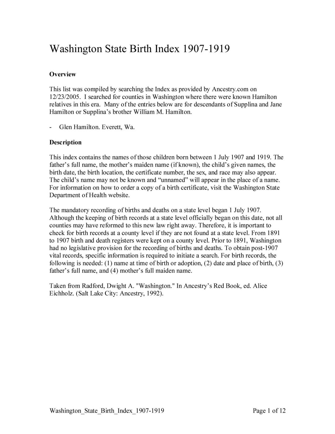 First page of Washington State Birth Index 1907 - 1919